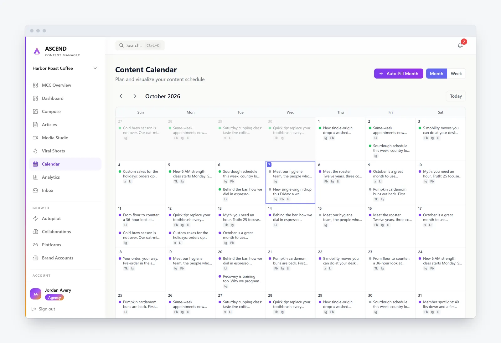 ASCEND Content Hub: a month of scheduled posts for a coffee brand